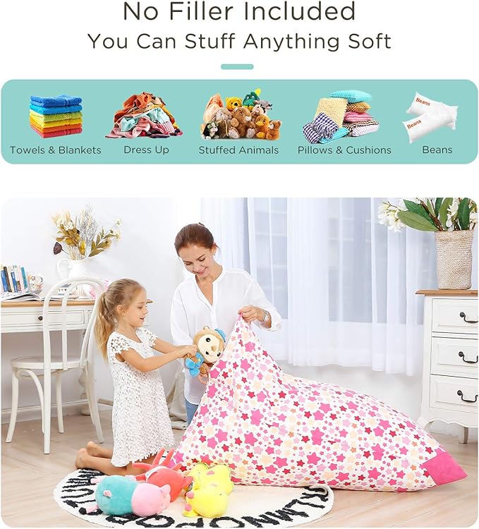 Aubliss Stuffed Animal Storage Bean Bag Chair Cover, 50"x 35" Extra Large Bean Bags for Kids & Adults, Beanbag Toy Storage for Boys Girls - Premium Cotton Canvas Bola - LeafyLoom