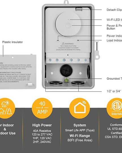 SURAIELEC WiFi Pool Timer, 40 AMP, 1HP 120V, 2HP 240V, Outdoor Indoor Smart Switch, Heavy Duty Pool Controller Light Timer Box for Pump, Water Heater, Spa, Powerful Electrical Appliances SURAIELEC