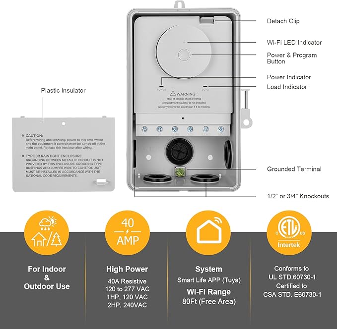 SURAIELEC WiFi Pool Timer, 40 AMP, 1HP 120V, 2HP 240V, Outdoor Indoor Smart Switch, Heavy Duty Pool Controller Light Timer Box for Pump, Water Heater, Spa, Powerful Electrical Appliances SURAIELEC