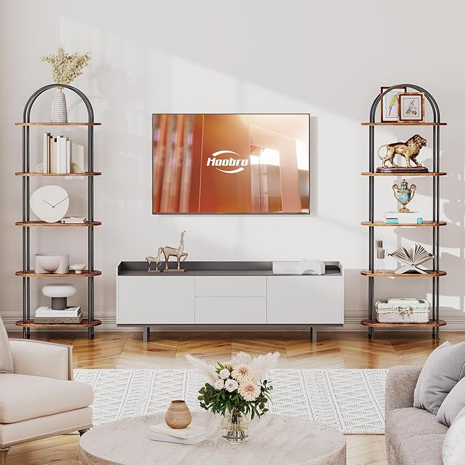 HOOBRO 5 Tier Open Bookshelf, Industrial Arched Bookcase Display Shelf Racks, Wooden Bookcase Storage Shelves Metal Frame, Tall Storage Organizer for Home, Easy Assembly, Rustic Brown BF176SJ01 - LeafyLoom