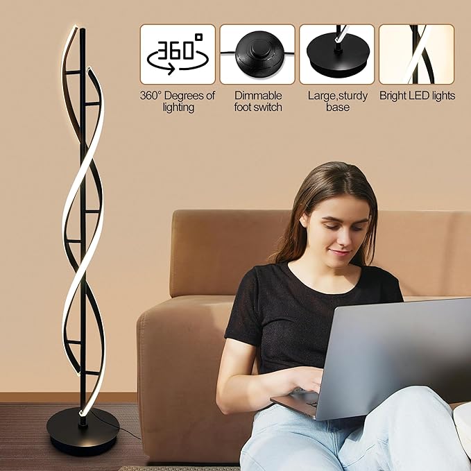 Spiral Floor Lamp 53 inch, with Remote Control Three Color Dimmable Standing Lamps, Modern Creative Pole Lamp, 36W Floor Lamps for Living Room, Bedroom, Office, Study Light（Black） - LeafyLoom