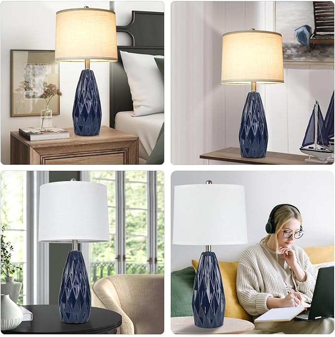 Modern Table Lamps, 25" Ceramic Bedside Lamps Blue Decor Lamp for Living Room End Table Lamp Tall Nightstand Lamps for Bedrooms |3-Way Dimmable Farmhouse Desk Lamps for Home Office Reading, Navy Blue - LeafyLoom