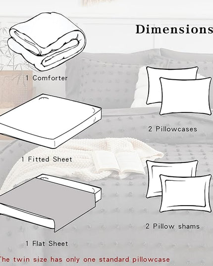 7 Pieces Tufted Dots Bed in a Bag Queen Comforter Set with Sheets Grey , Soft and Embroidery Shabby Chic Boho Comforters, Solid Color with Pom Pom Design, Jacquard Tufts Bedding Set for All Season - LeafyLoom