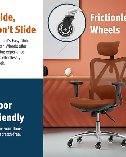 Duramont Office Chair Ergonomic Adjustable Lumbar Support and Rollerblade Wheels - Desk Chair with High Back Breathable Mesh - Thick Seat Cushion, Head, and Arm Rests control BROWN - LeafyLoom