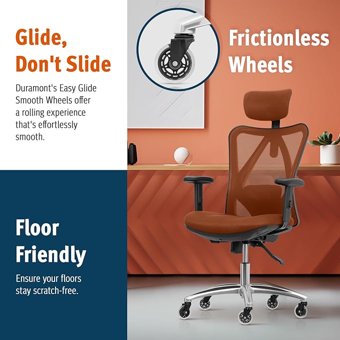 Duramont Office Chair Ergonomic Adjustable Lumbar Support and Rollerblade Wheels - Desk Chair with High Back Breathable Mesh - Thick Seat Cushion, Head, and Arm Rests control BROWN - LeafyLoom