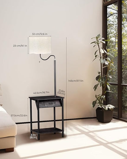FIMEI Floor Lamp with Table, End Table with Charging Station USB Ports & Outlets, Bedside Table 3 Color Temperature Reading Light, Nightstand with Shelves for Living Room Bedroom Apartment, Black - LeafyLoom
