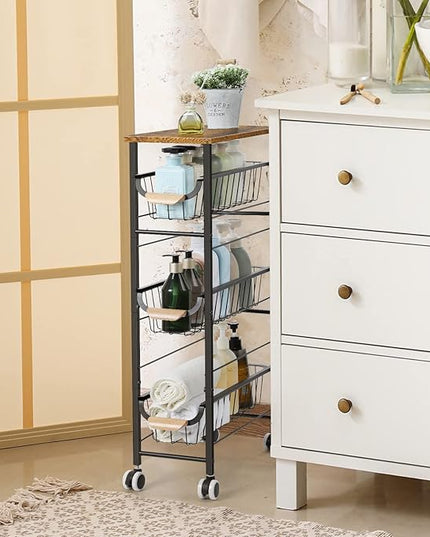 Slim Rolling Storage Cart,4-Tier Rolling Kitchen Cart,Narrow Utility Cart with Pull-Out Basket and Wooden Top,for Ktichen,Bathroom,Laundry Room,Small Space,Rustic Brown - LeafyLoom