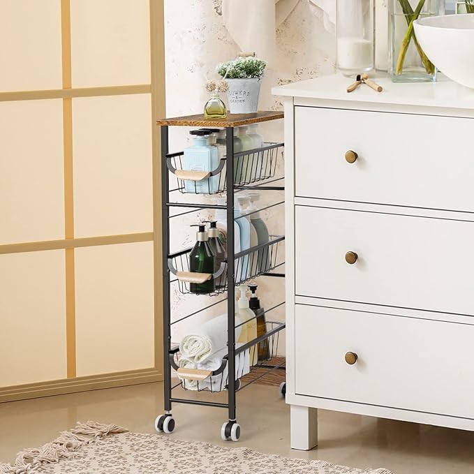 Slim Rolling Storage Cart,4-Tier Rolling Kitchen Cart,Narrow Utility Cart with Pull-Out Basket and Wooden Top,for Ktichen,Bathroom,Laundry Room,Small Space,Rustic Brown - LeafyLoom