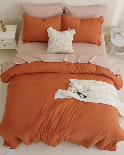 MILDLY Full Size Comforter Set 7 Piece Color Clash, Rust Bed in a Bag, All Season Bedding Sets with 1 Comforter, 2 Pillow Shams, 2 Pillowcases, 1 Flat Sheet, 1 Fitted Sheet - LeafyLoom