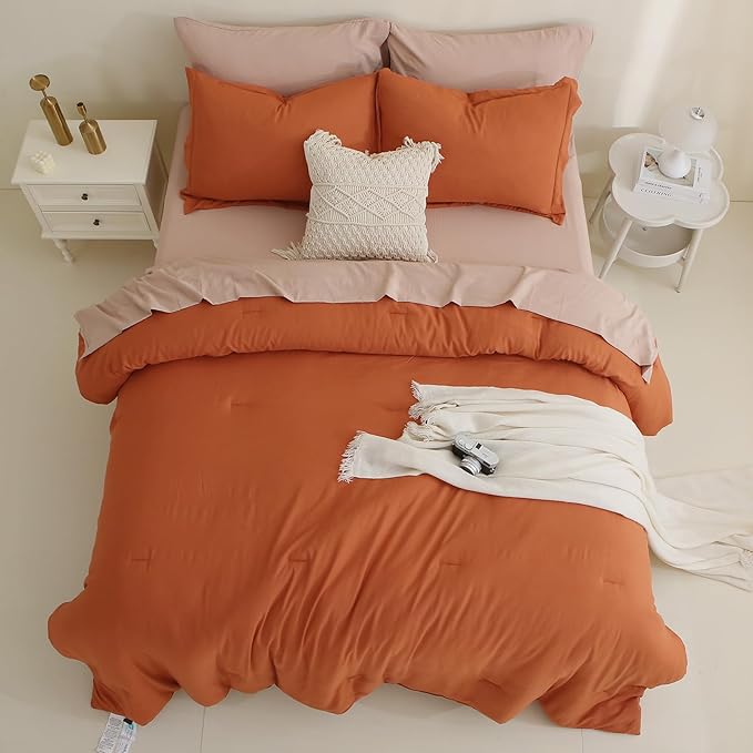 MILDLY Full Size Comforter Set 7 Piece Color Clash, Rust Bed in a Bag, All Season Bedding Sets with 1 Comforter, 2 Pillow Shams, 2 Pillowcases, 1 Flat Sheet, 1 Fitted Sheet - LeafyLoom