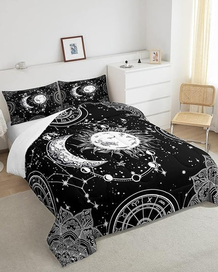 Sun and Moon Bedding Set Constellation Galaxy Comforter for Kids Boys Girls Teens Psychedelic Boho Mandala Comforter Breathable Celestial Duvet Set Black White Room Decor Quilt Cover Twin Size - LeafyLoom