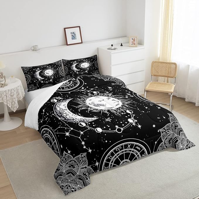 Sun and Moon Bedding Set Constellation Galaxy Comforter for Kids Boys Girls Teens Psychedelic Boho Mandala Comforter Breathable Celestial Duvet Set Black White Room Decor Quilt Cover Twin Size - LeafyLoom