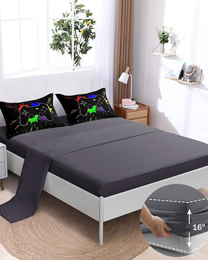 Boys Bed in a Bag Game Comforter Sets Queen Size,Video Game Controller Comforter for Boys Kids Adult 3D Gamepad Microfiber bed Set 6 Pieces Gaming bedding set 3001,Queen - LeafyLoom