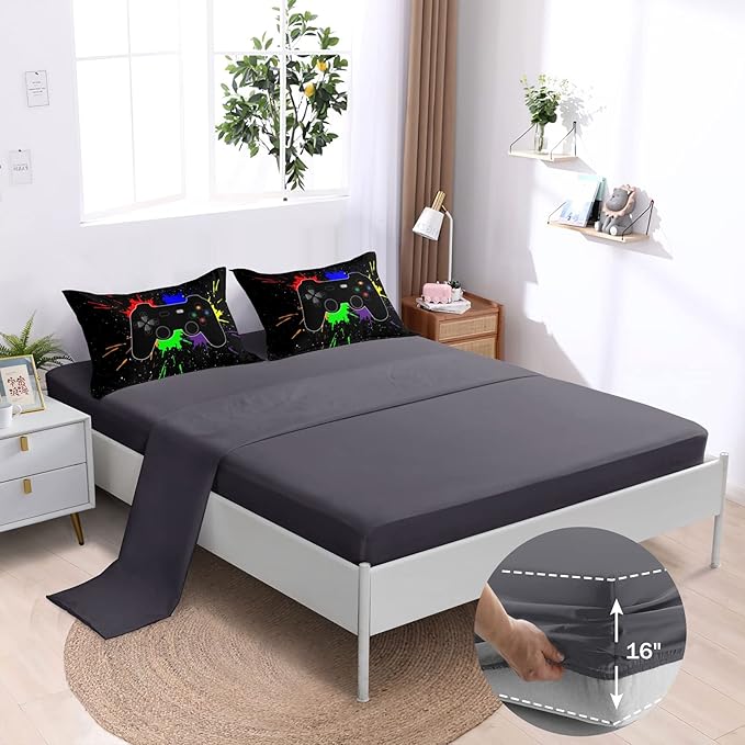 Boys Bed in a Bag Game Comforter Sets Queen Size,Video Game Controller Comforter for Boys Kids Adult 3D Gamepad Microfiber bed Set 6 Pieces Gaming bedding set 3001,Queen - LeafyLoom