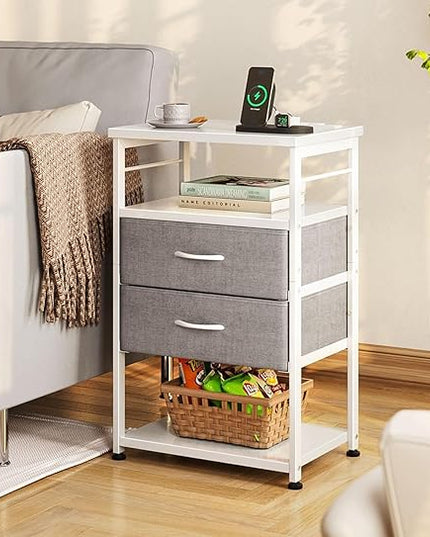 AODK Night Stand with Charging Station, End Table for Bedroom Tall Nightstand with Drawers, Small Nightstand for Bedroom, 4-Tier Storage Bedside Table, White and Light Grey - LeafyLoom