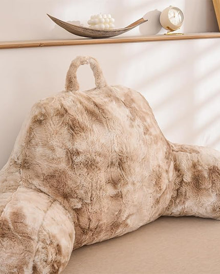 A Nice Night Faux Fur Soft Reading Pillow Bed Wedge Adult Backrest with Arms Back Support for Sitting Up in Bed/Couch for Bedrest, Tie Dyed Khaki - LeafyLoom