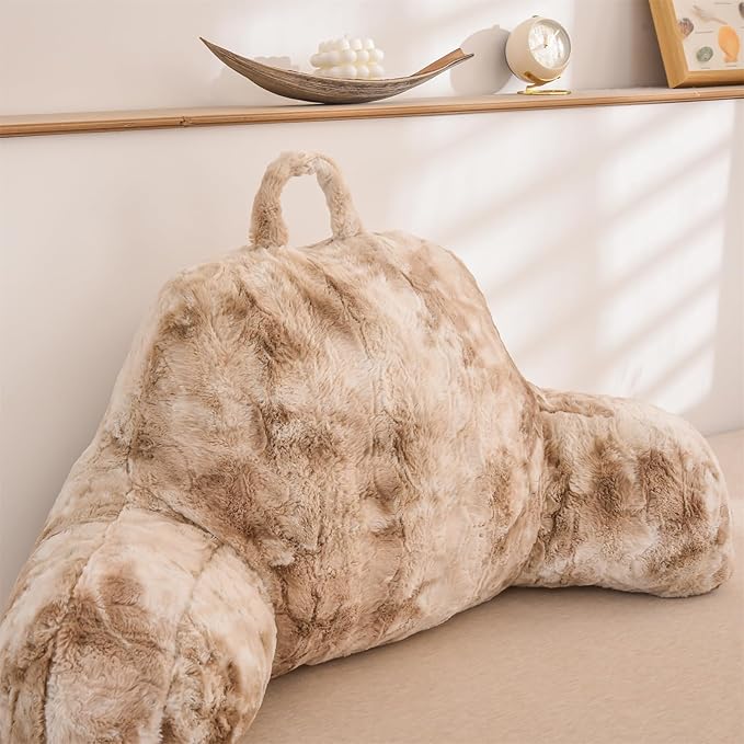 A Nice Night Faux Fur Soft Reading Pillow Bed Wedge Adult Backrest with Arms Back Support for Sitting Up in Bed/Couch for Bedrest, Tie Dyed Khaki - LeafyLoom