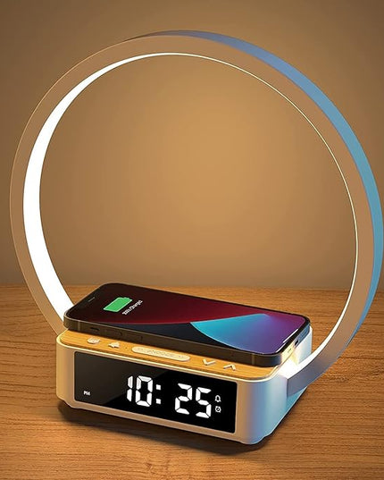 Amouhom Table Lamp, 18W Touch Lamp Alarm Clock with Wireless Charging Wake-Up Light, Digital Sonic 10W Max Qi Charger Nightstand Reading Lamps for Bedside, Reading, Home, Office - LeafyLoom