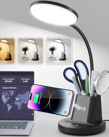 Sailstar Desk Lamp, Desk Lamps for Home Office with Wireless Charger & Pen Holder, 800 Lumens Gooseneck 3 Modes Dimmable Touch Circular LED Desk Light, Small Desk Lamp for College Dorm Room, Black - LeafyLoom