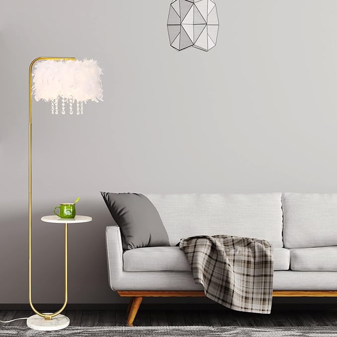 Unique Led White Feather Floor Lamp with Tray,Ostrich Feather Stand Lamp,Living Room Bedroom Office Shop Window Decoration Lamp,Foot Switch and Brass/Gold Finish Arc Floor Lamp - LeafyLoom