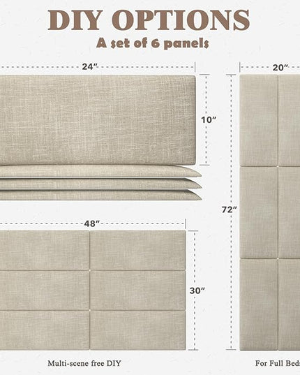 Twin Full Headboard, Wall Mounted Peel and Stick Headboard, Upholstered Tufted Bed Headboard for Twin Size Bed, Floating Dorm Bedroom Tall Headboard Soundproof Wall Panels (6 Panels, 10"x24") - LeafyLoom