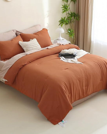 MILDLY Full Size Comforter Set 7 Piece Color Clash, Rust Bed in a Bag, All Season Bedding Sets with 1 Comforter, 2 Pillow Shams, 2 Pillowcases, 1 Flat Sheet, 1 Fitted Sheet - LeafyLoom