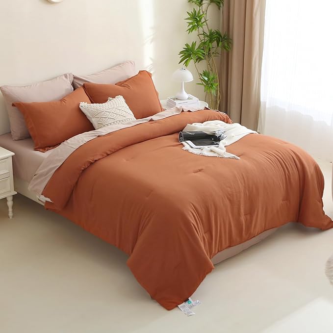 MILDLY Full Size Comforter Set 7 Piece Color Clash, Rust Bed in a Bag, All Season Bedding Sets with 1 Comforter, 2 Pillow Shams, 2 Pillowcases, 1 Flat Sheet, 1 Fitted Sheet - LeafyLoom