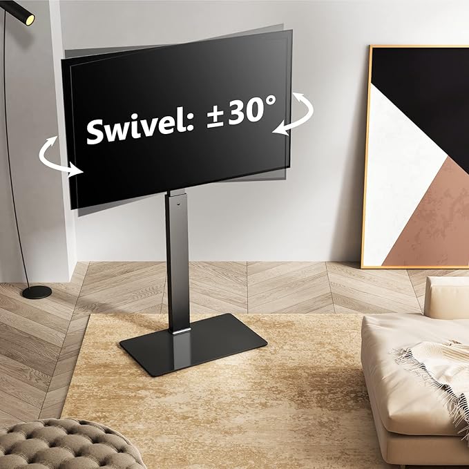 FITUEYES Universal Floor TV Stand Swivel Mount Height Adjustable for 27 32 55 65 70 inch Flat and Curved Screen TVs, Tempered Glass Base Black TV Stands with Cable Management Modern - LeafyLoom