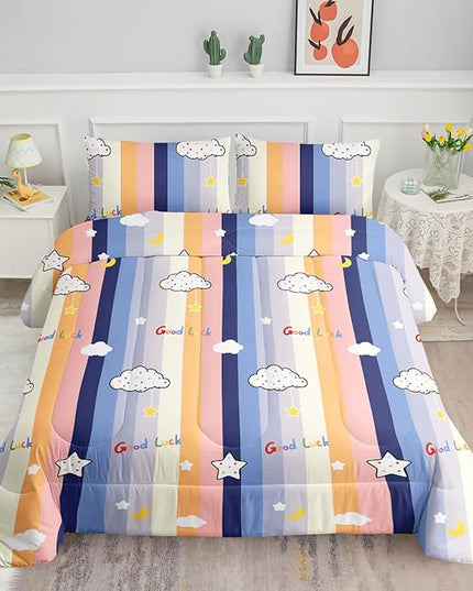 Datura home Cloud Stylish Comforter Bedding Set for Kids Children,Boys and Girls coulorful Stripe with Dot Cute Sky Bedding Set with 1 Comforter and 2 Pillowcases(Cloud Twin) - LeafyLoom