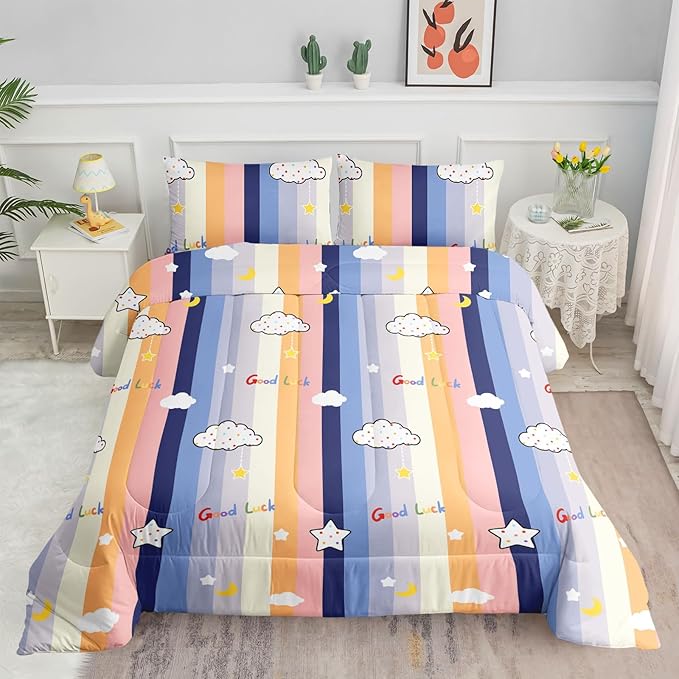 Datura home Cloud Stylish Comforter Bedding Set for Kids Children,Boys and Girls coulorful Stripe with Dot Cute Sky Bedding Set with 1 Comforter and 2 Pillowcases(Cloud Twin) - LeafyLoom