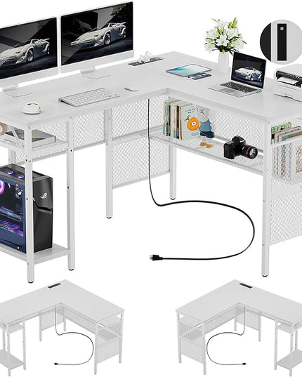 Reversible L Shaped Computer Desk Power Outlets and USB Ports, Large Corner Desk, Sturdy Home Office Gaming Table with Storage, Unique Grid Design Writing Desk, Easy to Assemble, Pure White - LeafyLoom