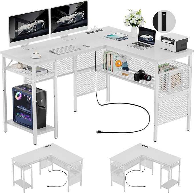 Reversible L Shaped Computer Desk Power Outlets and USB Ports, Large Corner Desk, Sturdy Home Office Gaming Table with Storage, Unique Grid Design Writing Desk, Easy to Assemble, Pure White - LeafyLoom