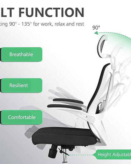 Office Chair 350LBS Capacity,Ergonomic Comfy Home Desk Chair,High Back Gaming Chair with Wheels, Mesh Computer Chair,Lumbar Support, Adjustable Headrest,Flip-up Armrest - LeafyLoom