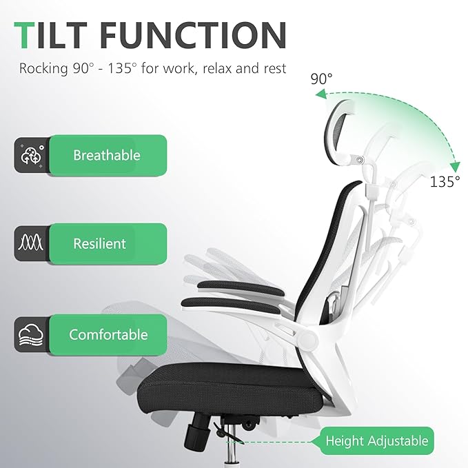 Office Chair 350LBS Capacity,Ergonomic Comfy Home Desk Chair,High Back Gaming Chair with Wheels, Mesh Computer Chair,Lumbar Support, Adjustable Headrest,Flip-up Armrest - LeafyLoom