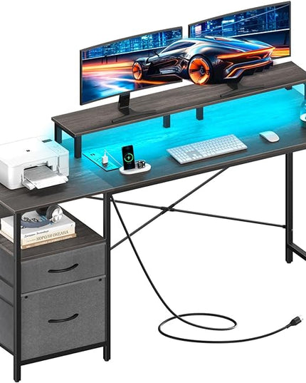 Yoobure Computer Desk, Gaming Desk with LED Lights & Power Outlets, Office Desk with Fabric File Cabinets, 55.1" Gaming Table with Long Monitor Stand, PC Gamer Desk with Drawers for Home office, Grey - LeafyLoom