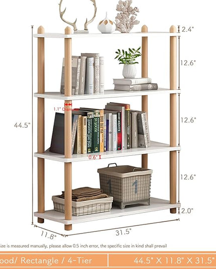 IOTXY 4-Tier Wooden Shelf Bookcase - Modern Open Bookshelf, Free Standing Storage Rack, Multifunctional Display Stand for Home and Office, White, Rectangle - LeafyLoom