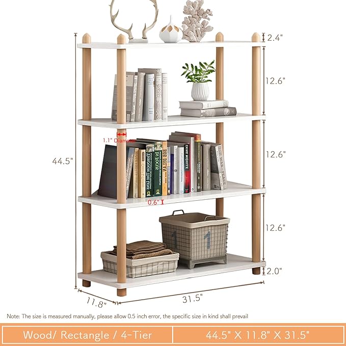 IOTXY 4-Tier Wooden Shelf Bookcase - Modern Open Bookshelf, Free Standing Storage Rack, Multifunctional Display Stand for Home and Office, White, Rectangle - LeafyLoom