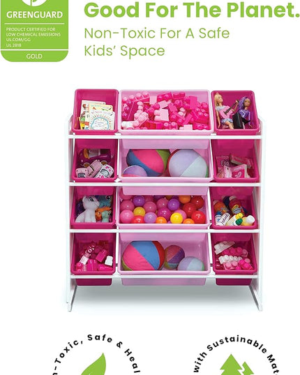 Delta Children Kids Toy Storage Organizer with 12 Plastic Bins - Greenguard Gold Certified, White/Pink - LeafyLoom