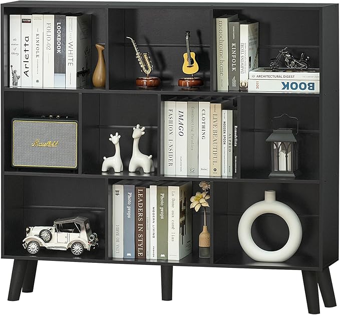 YAHARBO 10 Cube Bookshelf,3 Tier Bookcase with Legs,Black Mid-Century Modern Bookshelves,Large Free Standing Open Storage Organizer Shelf,Tall Wooden Book Case Furniture for Bedroom,Living Room,Office - LeafyLoom