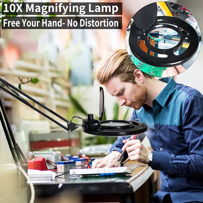10X Magnifying Glass with Light, KIRKAS 2,200 Lumens LED Magnifying Lamp with Clamp, Stepless Dimmable Real Glass Lens Magnifier, Adjustable Arm Workbench Light for Close Work Hobby Repair - Black - LeafyLoom