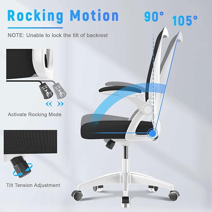 naspaluro Ergonomic Office Chair, Mid-Back Computer Chair with Adjustable Height, Flip-Up Arms and Lumbar Support, Breathable Bright White Mesh Desk Chair for Home Study Working - LeafyLoom