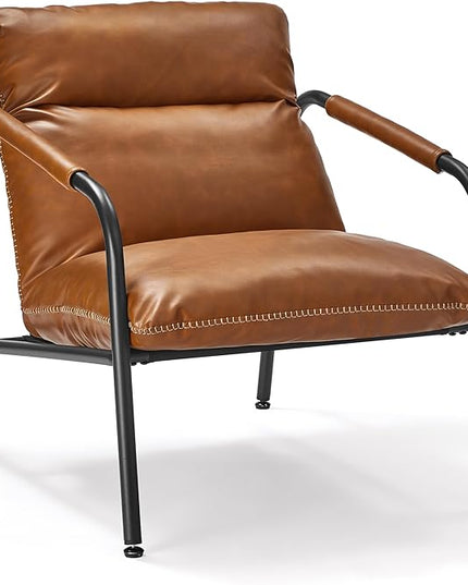 VASAGLE EKHO Collection - Accent Chair, Metal Framed Armchair, Synthetic Leather with Stitching, Mid-Century Modern, Sling Chair for Living, Bedroom, Reading Room, Lounge, Caramel Brown ULAC014K01 - LeafyLoom