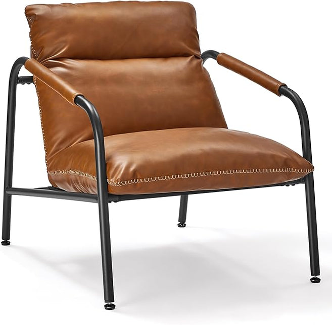 VASAGLE EKHO Collection - Accent Chair, Metal Framed Armchair, Synthetic Leather with Stitching, Mid-Century Modern, Sling Chair for Living, Bedroom, Reading Room, Lounge, Caramel Brown ULAC014K01 - LeafyLoom