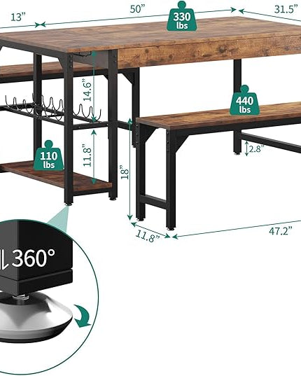 YITAHOME 63" 3 Piece Kitchen Dining Table Set for 4 with Bench & Storage, Farmhouse Rectangle Dining Room Dinner Table with Wine & Glass Holder for Space Saving, Rustic Brown - LeafyLoom