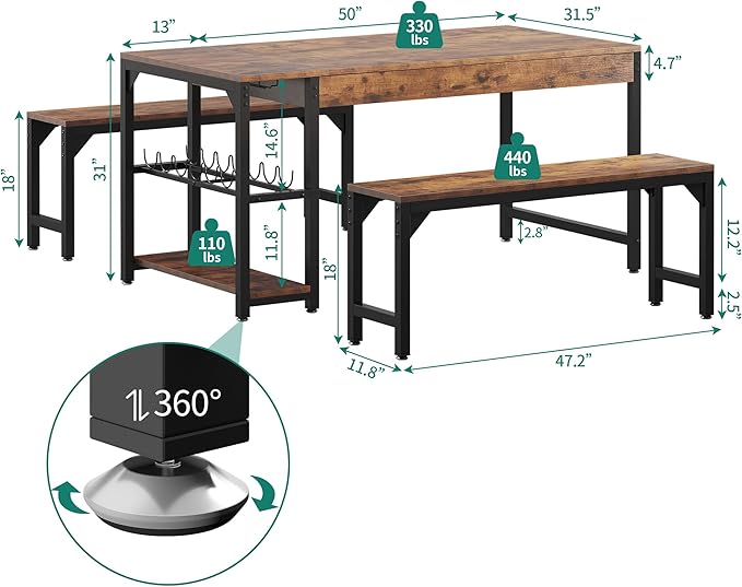 YITAHOME 63" 3 Piece Kitchen Dining Table Set for 4 with Bench & Storage, Farmhouse Rectangle Dining Room Dinner Table with Wine & Glass Holder for Space Saving, Rustic Brown - LeafyLoom