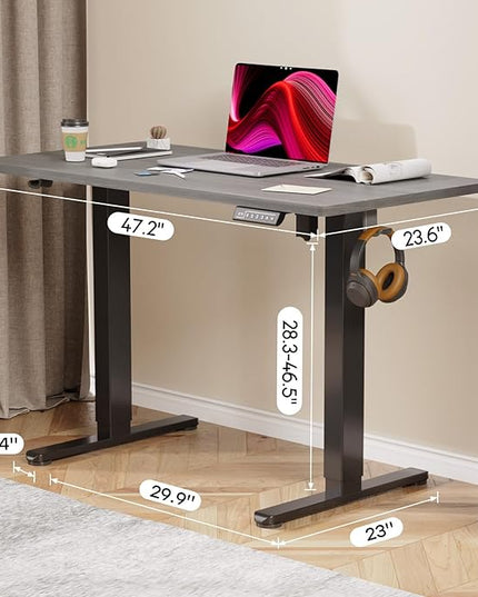 Grey Standing Desk, 48 X 24 Inch Adjustable Height Electric Desk, Sit Stand Desk with 2 Hooks, Ergonomic Rising Desk with Splice Board - LeafyLoom