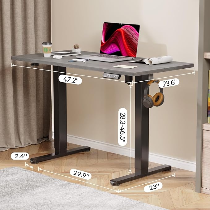 Grey Standing Desk, 48 X 24 Inch Adjustable Height Electric Desk, Sit Stand Desk with 2 Hooks, Ergonomic Rising Desk with Splice Board - LeafyLoom