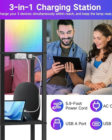 OUTON Floor Lamp with Shelves, LED Dimmable Floor Lamp with Remote & App & Voice Control, Charging Station, Color Changing, Wood Column Tall Standing Lamp for Living Room, Bedroom Office - LeafyLoom