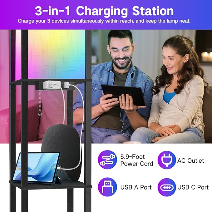OUTON Floor Lamp with Shelves, LED Dimmable Floor Lamp with Remote & App & Voice Control, Charging Station, Color Changing, Wood Column Tall Standing Lamp for Living Room, Bedroom Office - LeafyLoom