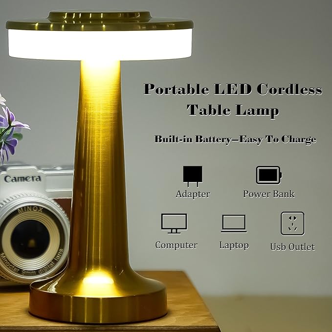Set of 8 LED Portable Cordless Table Lamp with Touch Sensor 3 Color Stepless Dimming Rechargeable Battery up to 15 Hours Cordless Lamp Table Light Wireless Lamp for Kids Nursery Room, Gold - LeafyLoom